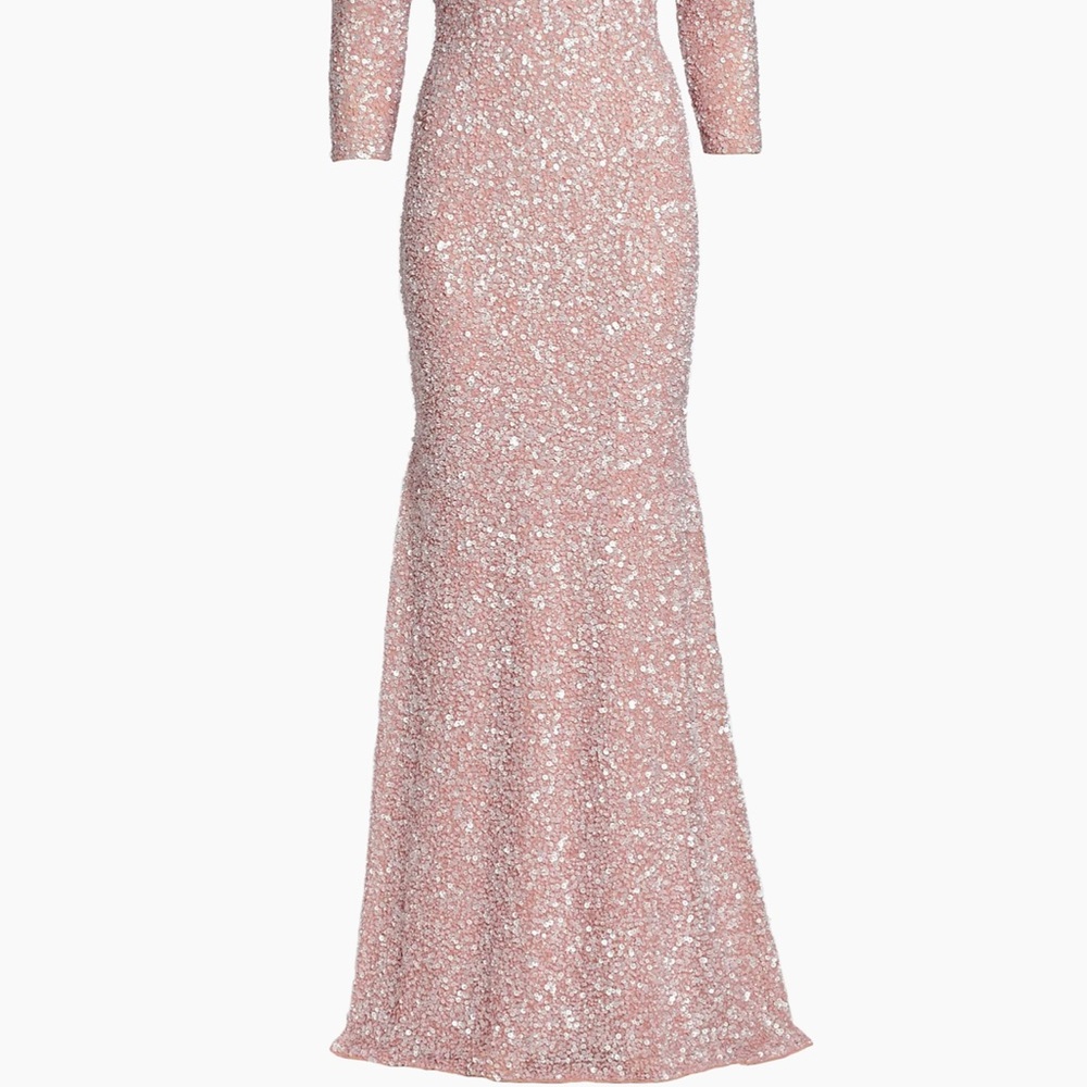 Theia Blush Sequin Long Sleeve Gown